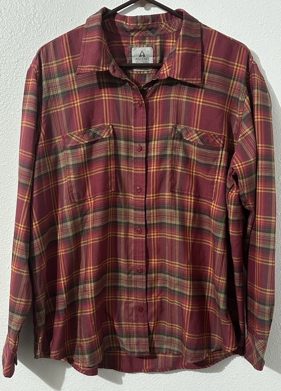 Ascend Womens 2XL Red Plaid Full Button Long Sleeve Shirt Western Outdoors Camp